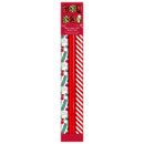 Three rolls of Christmas gift wrap in a pack. Designs include green and red gifts with "Merry Christmas," solid red, and red with white stripes.
