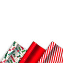 Three rolls of festive wrapping paper against a white background. Patterns include Christmas motifs, solid red, and red-and-white stripes, conveying a joyful holiday theme.
