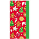 Festive red napkin with gingerbread men, Christmas trees, candy canes, and ornaments. The playful design is bordered by a green edge.