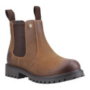 Brown leather Chelsea boot with dark elastic side panels and pull tabs. Sturdy black treaded sole. Rugged and stylish design.