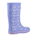 Children’s purple wellington boot with rainbows from behind.