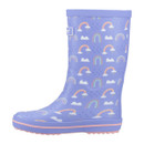 Children’s purple wellington boot from the side.