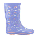 Children’s purple wellington boot with rainbows from the side.