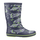 The side of the navy wellington boot with green and white space-themed print