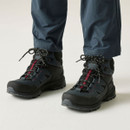Front view of black and dark grey hiking boots with red lace detailing, padded ankle support and chunky outdoor tread soles.