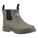 Children’s khaki Chelsea-style welly boot with black elastic panels, pull tabs, and chunky sole.