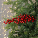 Close-up of vibrant red berries nestled in lush green pine branches, with soft yellow fairy lights twinkling in the blurred background.