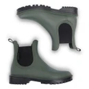 Pair of dark green Chelsea-style wellington boots arranged diagonally, featuring black elastic side panels, pull tabs and chunky black grip soles.