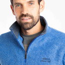 A close up view of the fleeces quarter zip design and high collar.