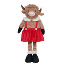 Plush Christmas Highland Cow Girl decoration with red skirt and white collar, standing upright with extendable legs against a white background.