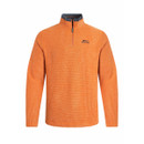 The front of an orange quarter zip fleece.