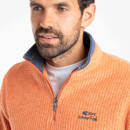 A close up view of the fleeces quarter zip design and high collar.