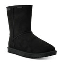 Black suede mid-calf boot with stitched panel detailing and flat textured sole on a white background.