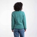 The back of a woman wearing a light green fleece.