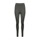 The front of a pair of dark green leggings.