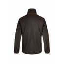 A rear-facing image of a dark brown jacket with a high collar.