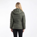 Rear view of a woman wearing a deep lichen green hooded padded jacket with horizontal quilting.