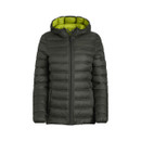 Front view of a women’s hooded padded jacket in deep lichen green. The jacket features horizontal quilted stitching, a zip-up front, long sleeves with elasticated cuffs, and a bright lime green lining visible in the hood and collar.