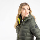 Close-up of a woman wearing a deep lichen green padded jacket with a hood, showing the branded badge on the sleeve and the "Weird Fish" logo on the chest.