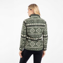 Rear view of a woman wearing a full-zip fleece jacket in deep lichen green with an off-white geometric pattern. The jacket features a high collar and is paired with plain black leggings.