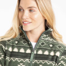 Close-up of a woman wearing a deep lichen green fleece jacket with an off-white geometric pattern. The jacket features a high collar and zip fastening.