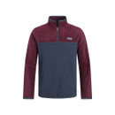 The front of a navy and aubergine coloured quarter zip fleece.