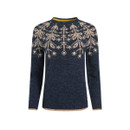 The front of a navy jumper with a cream fair isle print across the neck, shoulders and chest.