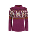 A purple wine coloured jumper with a high neckline and long sleeves, adorned with a bold Fair Isle-inspired pattern across the chest and shoulders in cream, rust, and burgundy.
