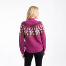 Back view of a woman wearing a purple wine jumper with a geometric Fair Isle-style pattern across the shoulders and upper back.