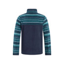 Rear view of a Weird Fish fleece in cedar green and navy. The top section and sleeves feature a geometric pattern in green and blue tones, while the lower back portion is solid navy.