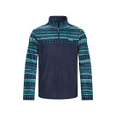 Front view of a Weird Fish fleece in cedar green and navy. The fleece features a patterned upper section and sleeves in shades of green and blue, contrasted with a solid navy lower section and zip-up collar. The Weird Fish logo appears on the chest.