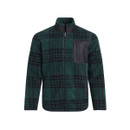 Front view of a men’s fleece jacket in a cedar green and black check pattern. The jacket has a soft texture, full-length zip fastening, a stand-up collar, and a black chest pocket on the left side with vertical zip.