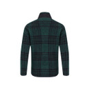 Back view of a men’s fleece jacket in a cedar green and black check pattern.