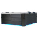 Angled side view of the MSpa Oslo Plus 6 Person Hot Tub, showcasing its carbon grey exterior, cushioned headrests, and vibrant blue LED base lighting.