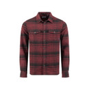 Front view of a men’s long-sleeve flannel shirt in garnet red with a black check pattern. The shirt features a classic collar, button-down front, and two chest pockets with buttoned flaps.