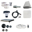 Flat lay of accessories included with the MSpa Oslo Plus 6 Person Hot Tub, featuring filter cartridges, hose, cover, LED strip with remote, chemical dispenser, inflatable bladder, and various connectors.