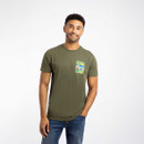 A man wearing a short-sleeved green t-shirt with a small 'Barksons Farm' print on the chest.