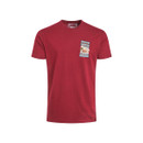 The front of a short-sleeved red t-shirt with a small 'Only Fowls and Hawkses' print on the chest.