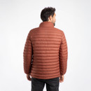 The back of a man wearing a conker brown padded jacket.