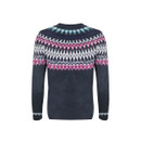 The back of a navy jumper with a multicoloured fair isle pattern. The back of a navy jumper with a multicoloured fair isle pattern.