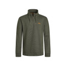 The front of a green quarter zip fleece with a contrasting orange logo on the chest.