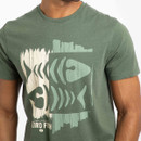 A close up of the double fish bone design in the centre of the green t-shirt.