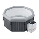 Top-down angle of the MSpa grey octagonal hot tub with built-in white control unit featuring a digital display, shown empty on a white background.