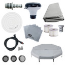 Full accessory set for the MSpa hot tub including cover, filters, hose, floor mats, chemical dispenser, inflatable bladder, pump, and fittings.