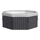 Front view of the MSpa octagonal hot tub in grey with vertical panel detailing and a light grey cushioned rim, displayed empty against a white background.