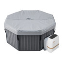 MSpa octagonal hot tub with secure grey cover in place and integrated white digital control unit, displayed on a white background.