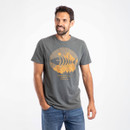 A man wearing a grey t-shirt with a yellow fish print in the centre.