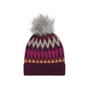 The back of a knitted bobble hat in a 'beet' colourway with a diamond Fair Isle pattern in shades of cream, pink, and orange, finished with a large grey faux fur pom-pom on top and a folded ribbed brim.