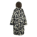 The front of a leopard print robe with a hood. The front of a leopard print robe with a hood.
