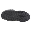 Bottom view of a grey Skechers slipper showing a textured black rubber sole with the Skechers logo embossed in the centre and heel.